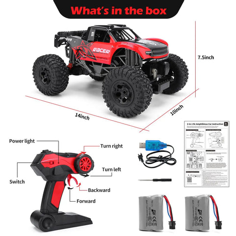 4x4 Offroad RC Truck Amphibious 1 12 Scale Monster Beast With Dual Motors Waterproof Chassis Rugged Crawler Includes Two Rechargeable Batteries Epic Gift For Kids And Adults shown in box contents view with remote and accessories.