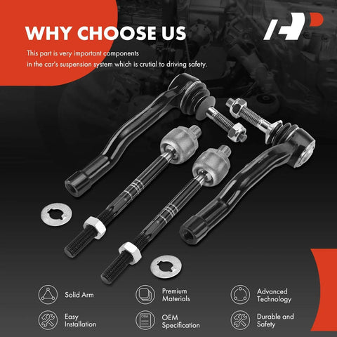 Front Inner And Outer Tie Rod End Kit For Ford Edge 2015 2016 2017 2018 2019 2020 2021 And Fusion 2013 2020 Plus Lincoln MKX 2016 2018, black steel tie rod ends with hardware