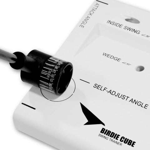 Close-up of Golf Swing Trainer Cube With 12 Adjustable Club Positions, Guided Strikes Tool showing adjustment scale and markings.