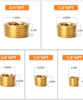 Brass Pipe Plug Set 25 Pieces Pro Grade Internal Hex Thread NPT Fittings sizes 1/8 to 3/4 inch showing dimensions