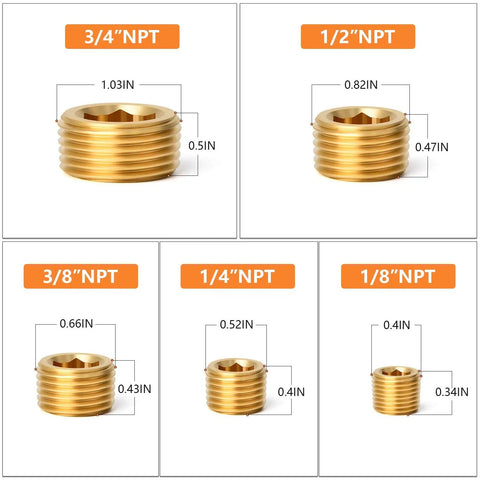 Brass Pipe Plug Set 25 Pieces Pro Grade Internal Hex Thread NPT Fittings sizes 1/8 to 3/4 inch showing dimensions