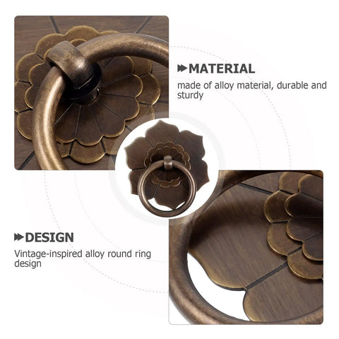 Close-up of Vintage Metal Cabinet Pulls With Lotus Ring Handles Antique Bronze Drawer Knobs, highlighting material and design features.