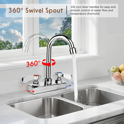 Commercial Bar Sink Faucet With Four Inch Center Deck Mount And Three And A Half Inch Gooseneck Swivel Spout, two hole brass construction chrome polished, installed on double sink with water flow