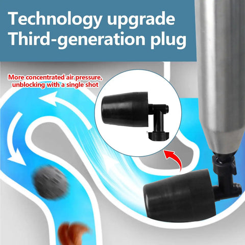 Real Deal Heavy Duty High Pressure Toilet Plunger And Drain Blaster With Visual Barometer Gauge showing upgraded third-generation plug.