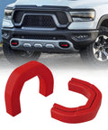 Custom Front Tow Hook Cover For RAM 1500 2019-2026 Red Hitch Cover with durable ABS finish shown installed on truck