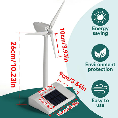 Solar Powered Windmill Model For Desk And Classroom Use Desktop Turbine Kit dimensions with energy and environment icons