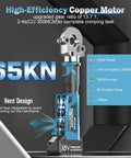 6 Ton Electric Hydraulic Crimping Tool With Dual 18V Quick Swap Batteries For Smooth Continuous Wire Lug Application showing specs and features.