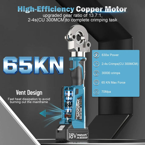 6 Ton Electric Hydraulic Crimping Tool With Dual 18V Quick Swap Batteries For Smooth Continuous Wire Lug Application showing specs and features.