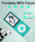 Sky blue All In One Portable HiFi Music Player With 32GB Storage And TF Card Support next to laptop and headphones.
