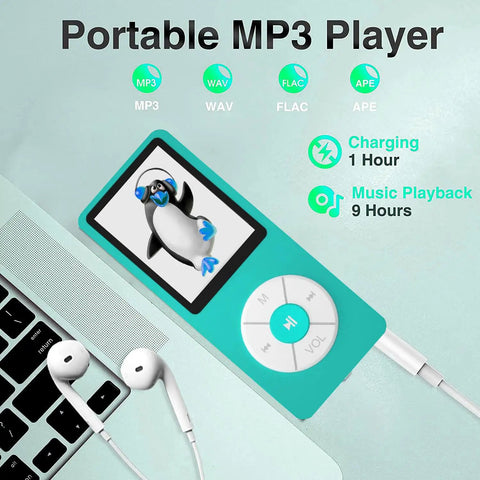 Sky blue All In One Portable HiFi Music Player With 32GB Storage And TF Card Support next to laptop and headphones.