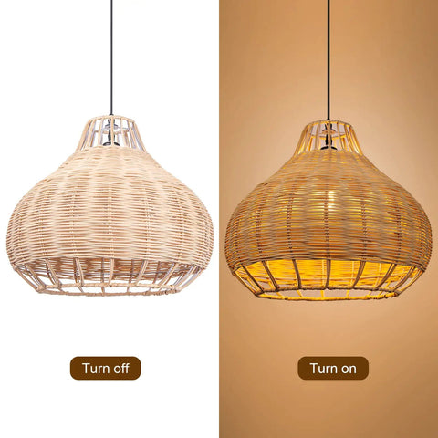 1 Light Rattan Pendant Light With Weave Pattern Natural Wicker Ceiling Fixture For Dining Room And Living Room Handcrafted Hanging Light Boho Chic Style Home Lighting, turned off and on.