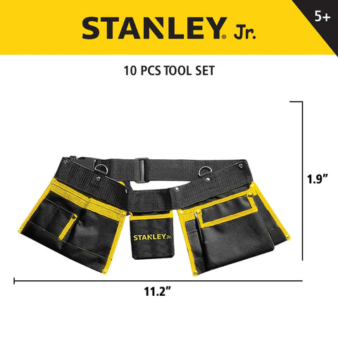 Real Deal Kids Tool Set With Belt Pouch, 10 Piece Pretend Play Tools, black and yellow tool belt with pockets for kids 5+