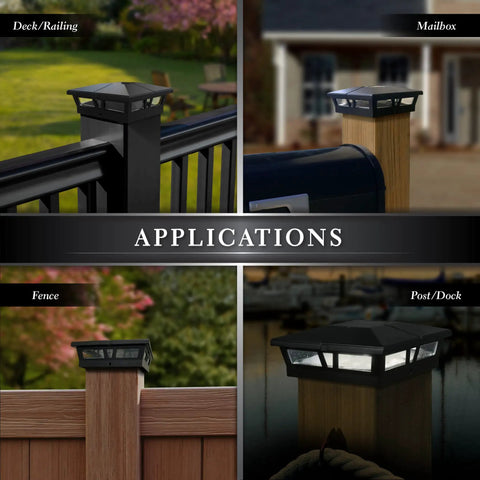 Solar Post Cap Light For 5x5 To 6x6 Posts Black Aluminum Auto On Off Weatherproof Outdoor Accent on deck, mailbox, fence, dock