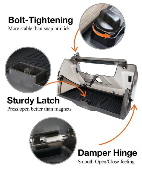 Tesla Hidden Under Screen Storage Box With One Tap Open showing bolt-tightening and sturdy latch for Model Y and Model 3.