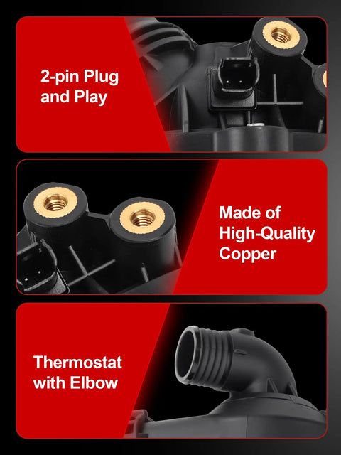 Plug N Play Direct Fit Electric Water Pump With Thermostat For BMW featuring 2-pin connector, copper parts, and elbow component