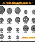 Front view of a 22-piece disc brake caliper piston tool set with gray circular adapters for brake pad replacement