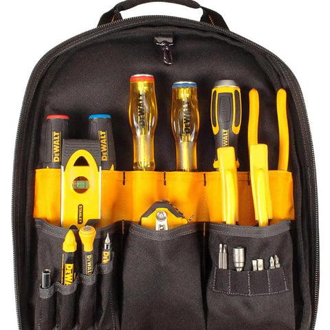 Interior of USB Charging Tool Backpack With Dual USB Ports 200 Lumen LED Light 20V Max Lithium Ion Battery Powered 23 Pocket Organizer