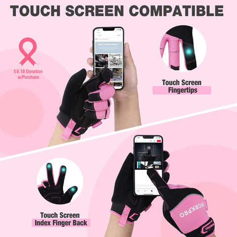 Pink Safety Work Gloves For Women And Men, Medium Size, Tough Polyester Back, Comfortable Ergonomic Fit, Built For DIY, Construction, Gardening, And Everyday Grippy Tasks. Touchscreen gloves shown using a phone.
