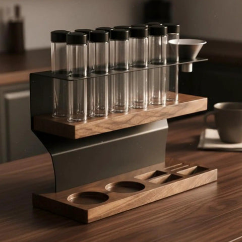 Two Tier Wooden Coffee Bean Storage Rack With Airtight Glass Jars Featuring Black Vent Lids Countertop Flex Freshness Sealer Brew Day Ready Kitchen Organization Set Keep Beans Crisp on a kitchen countertop.