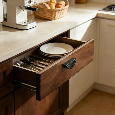 Open kitchen drawer with Matte Black Cabinet Pulls Two And A Half Inch Center To Center Half Moon Hardware For Cabinets Dressers