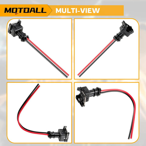 Universal EV1 OBD1 Fuel Injector Connector Pack 8 Piece 2 Wire Female Plug And Play Wiring Harness Pigtail close-up views of connectors.