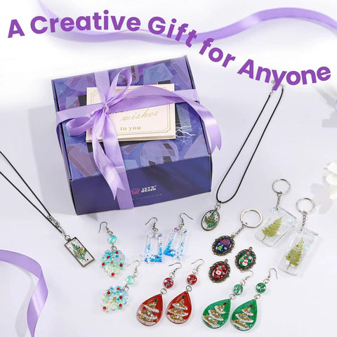 Ultimate UV Resin Jewelry Kit With 250g Clear Resin And Upgraded Light 153Pcs DIY Set displayed with finished jewelry pieces