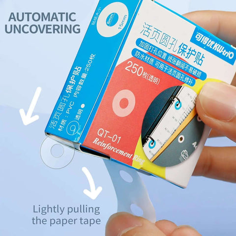 Close-up of hand demonstrating Clear Hole Reinforcement Stickers Pack 1000 Count 4 Boxes Of 250 Easy Peel Self Adhesive 0.6 Inch Reinforcements
