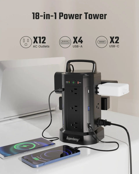Power Strip Surge Protector Tower with 12 AC Outlets and 6 USB Ports including 2 USB C, retracting cord design charging setup