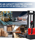 Heavy Duty Full Electric Pallet Stacker With 3300 Lb Load Capacity And 118 Inch Lift Height in warehouse setting.