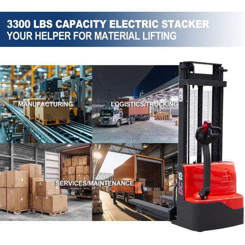 Heavy Duty Full Electric Pallet Stacker With 3300 Lb Load Capacity And 118 Inch Lift Height in warehouse setting.