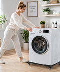 Woman using Beefed Up Heavy Duty Washing Machine Dolly With All Steel Frame Adjustable 21 To 29 Inch Width 700 Lb Capacity Four Brake Wheels