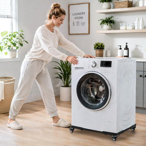 Woman using Beefed Up Heavy Duty Washing Machine Dolly With All Steel Frame Adjustable 21 To 29 Inch Width 700 Lb Capacity Four Brake Wheels