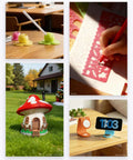 Collage of creative home and stationery items, including colorful accessory on a desk, hand using a template, mushroom house ornament, digital clock on a table.