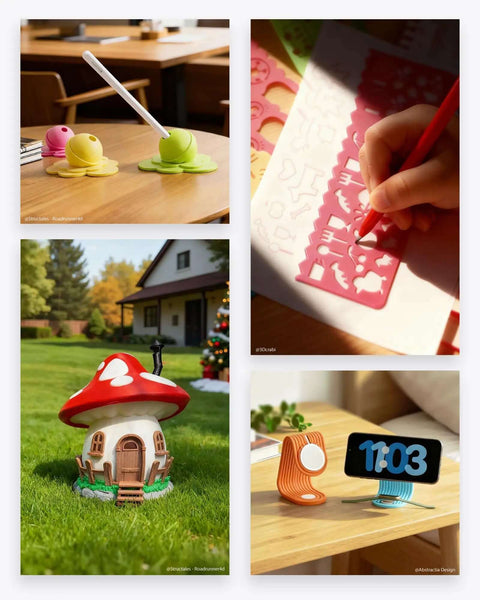 Collage of creative home and stationery items, including colorful accessory on a desk, hand using a template, mushroom house ornament, digital clock on a table.