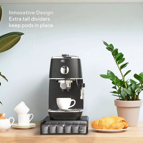 Coffee maker with cup on Countertop Coffee Pod Holder With Sliding Drawer For Keurig K Cups Holds 36 Pods Caddy Dispenser