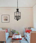 10.63 Inch Black Farmhouse Chandelier With Four Lights Modern Industrial Lantern Pendant Light Fixture in cozy living room