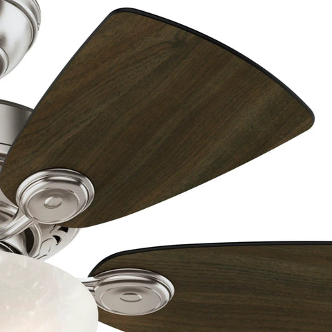Close-up of 34 Inch Indoor Ceiling Fan With LED Light And Pull Chain, Standard Mount, 5 Blades, Brushed Nickel Finish
