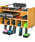 Drill Charging Station and Wall Mounted Tool Organizer For Power Tools With Heavy Duty Large Capacity Storage in wooden craft.