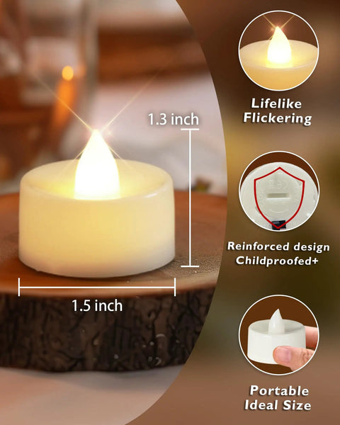 100 Pack Flameless LED Tea Lights Candles Battery Operated No Mess With 200 Hour Run Time Realistic Flicker For Votive Halloween Ofrenda Diya Wedding Centerpieces Funeral Christmas Home Decor showing lifelike flickering and portable design.
