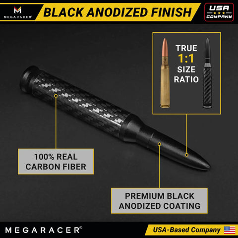 Premium Anodized Carbon Fiber 50 Cal Bullet Antenna For Ford F150 F250 Truck with black anodized finish and 1:1 size ratio.