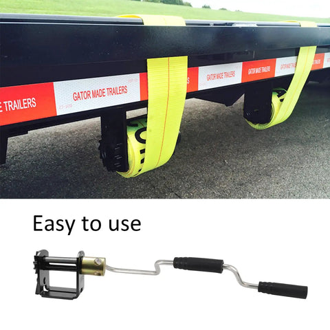 Stainless Steel Strap Winder For Flatbed Trucks And Cargo Trailers, No Fuss Quick And Easy Winding Tool shown in use on trailer
