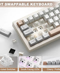 Slick Wireless Mechanical Keyboard Featuring Sixty Eight Keys In Warm Beige Paired With Buttery Smooth Milk V2 Switches And A Standout Customizable Smart TFT Screen For Top Tier Typing Sessions And Serious Setup Flex with visible key switches.