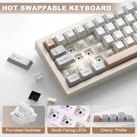 Slick Wireless Mechanical Keyboard Featuring Sixty Eight Keys In Warm Beige Paired With Buttery Smooth Milk V2 Switches And A Standout Customizable Smart TFT Screen For Top Tier Typing Sessions And Serious Setup Flex with visible key switches.