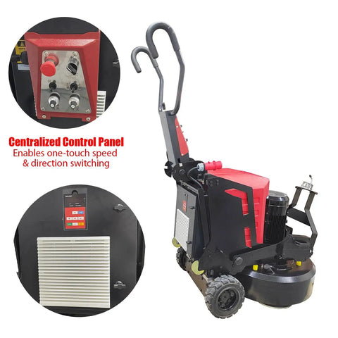 Planetary Electric Concrete Floor Grinder with 12 Grinding Heads, showing control panel details, 18.5kW, self-propelled polisher