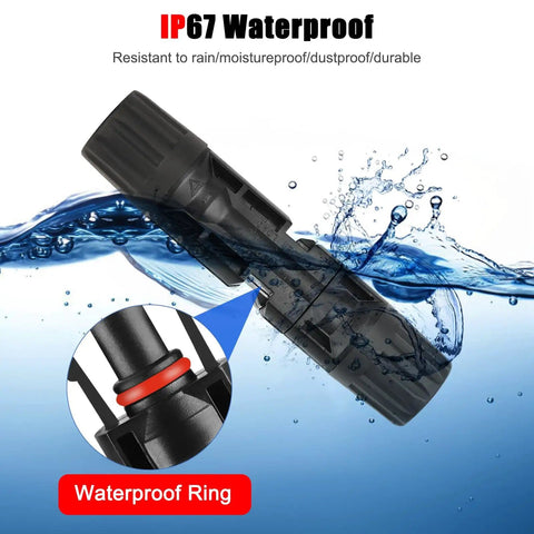 50 Pairs Waterproof Solar Panel Connectors With Pins And Spanners, MC4 Style Male And Female Plugs for 14AWG to 10AWG, IP67 Rating, 1000V 30A, Durable PPO Shell, Off Grid Power Kit showing waterproof ring.