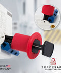 Three Pack Circuit Breaker Lockout Device For Three Eighth Inch Toggle Holes Standard Miniature Lockout Kit heavy duty shown in use