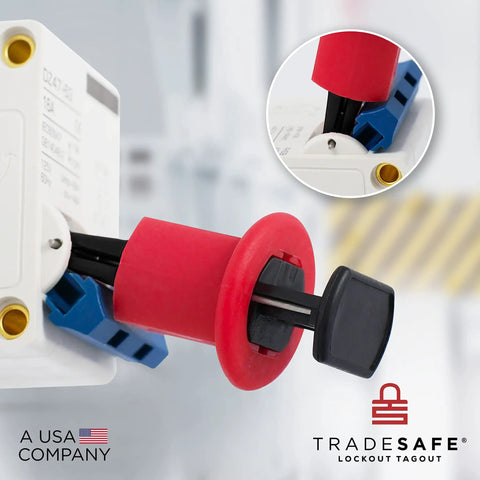 Three Pack Circuit Breaker Lockout Device For Three Eighth Inch Toggle Holes Standard Miniature Lockout Kit heavy duty shown in use
