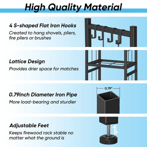 Two Tier Indoor And Outdoor Firewood Rack with 4 hooks, lattice design, 0.79-inch iron pipe, adjustable feet in sleek black finish