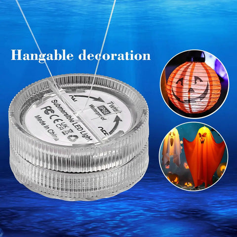 Blue Submersible LED Light Set Tiny But Mighty Battery Powered Flameless Lights With Up To 100 Hours Of Continuous Brightness Waterproof For Wedding Vase Arrangements Party Decor Or Poolside Vibes 24 Pcs shown with Halloween decorations