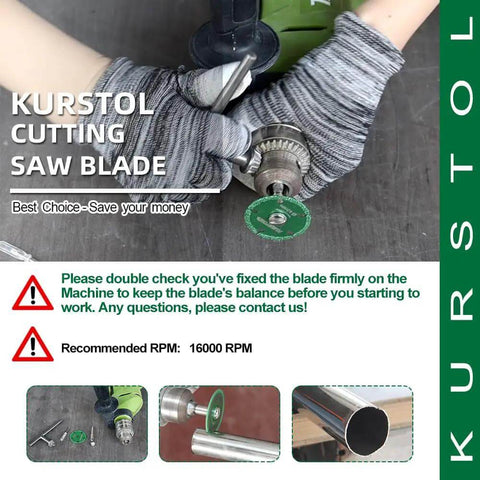 Person holding Diamond Metal Cut Off Wheel Set Pro Grade Heavy Duty 30mm 40mm 50mm With 6mm Round Shaft attached to drill